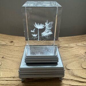 Crystal Cube with Fairy and Flower Etching
